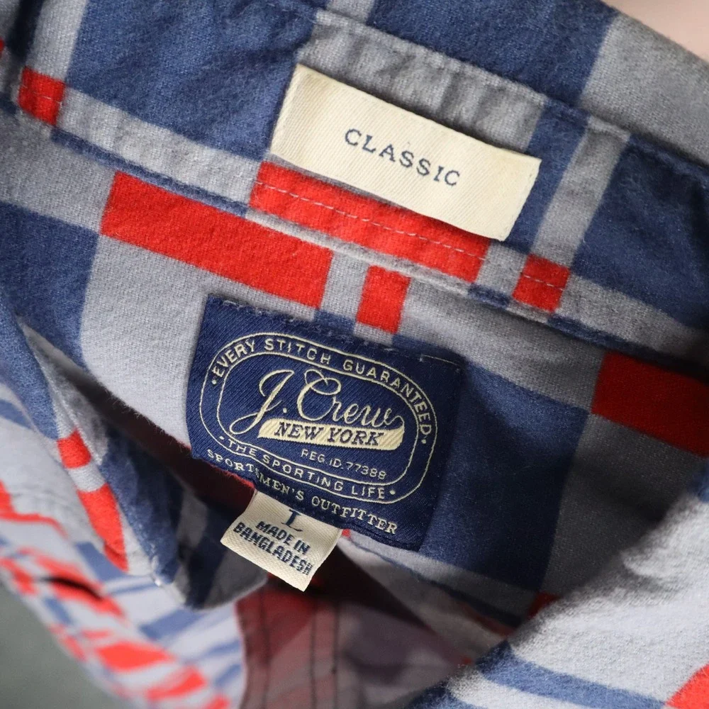 J.Crew New York Chamois Shirt Mens L Red Blue Gray Plaid 100% Cotton Classic Fit
